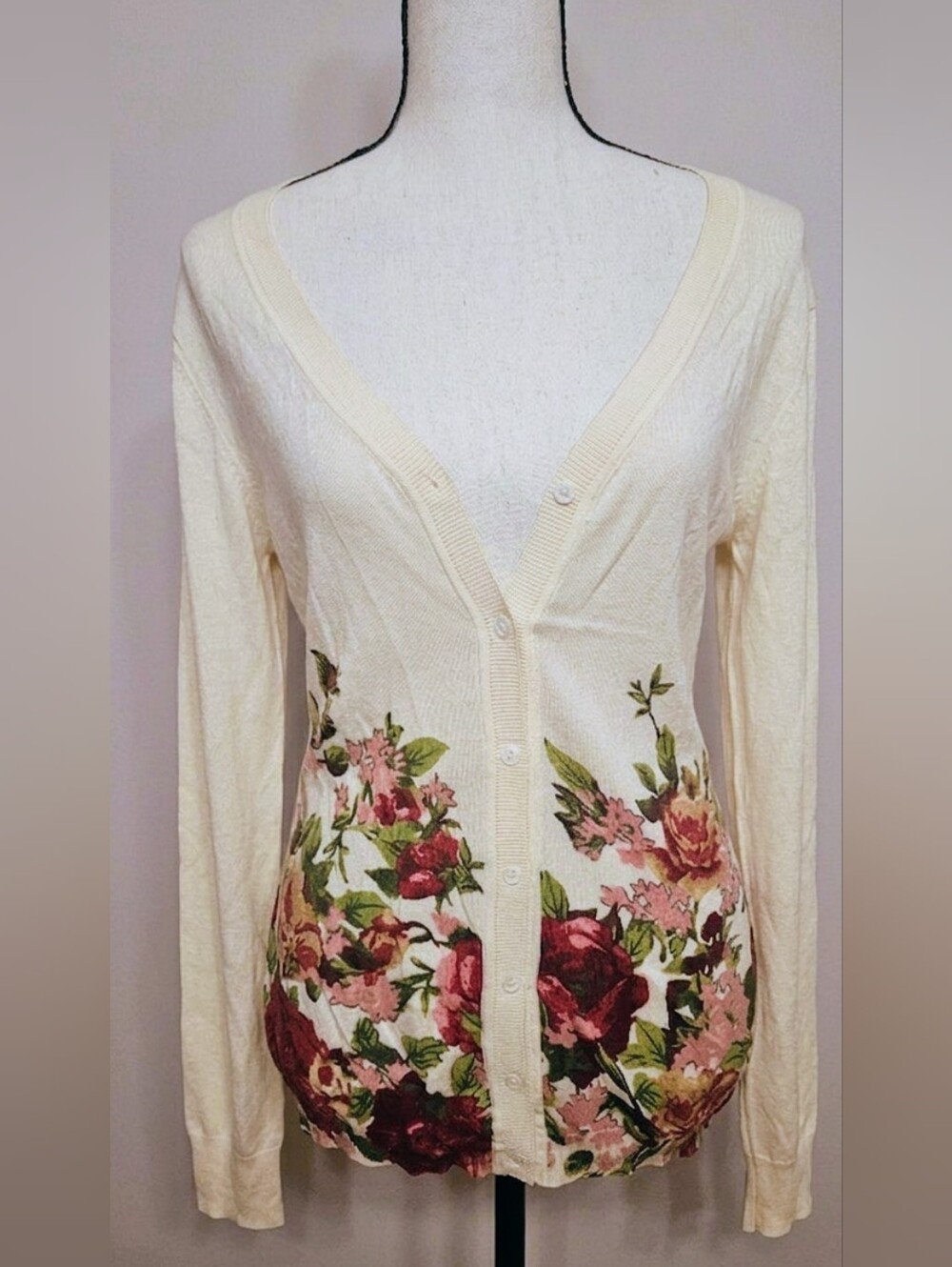 Kier + J² Cream Floral Knit Cardigan V-Neck Vintage Style Bloom Pattern 1X